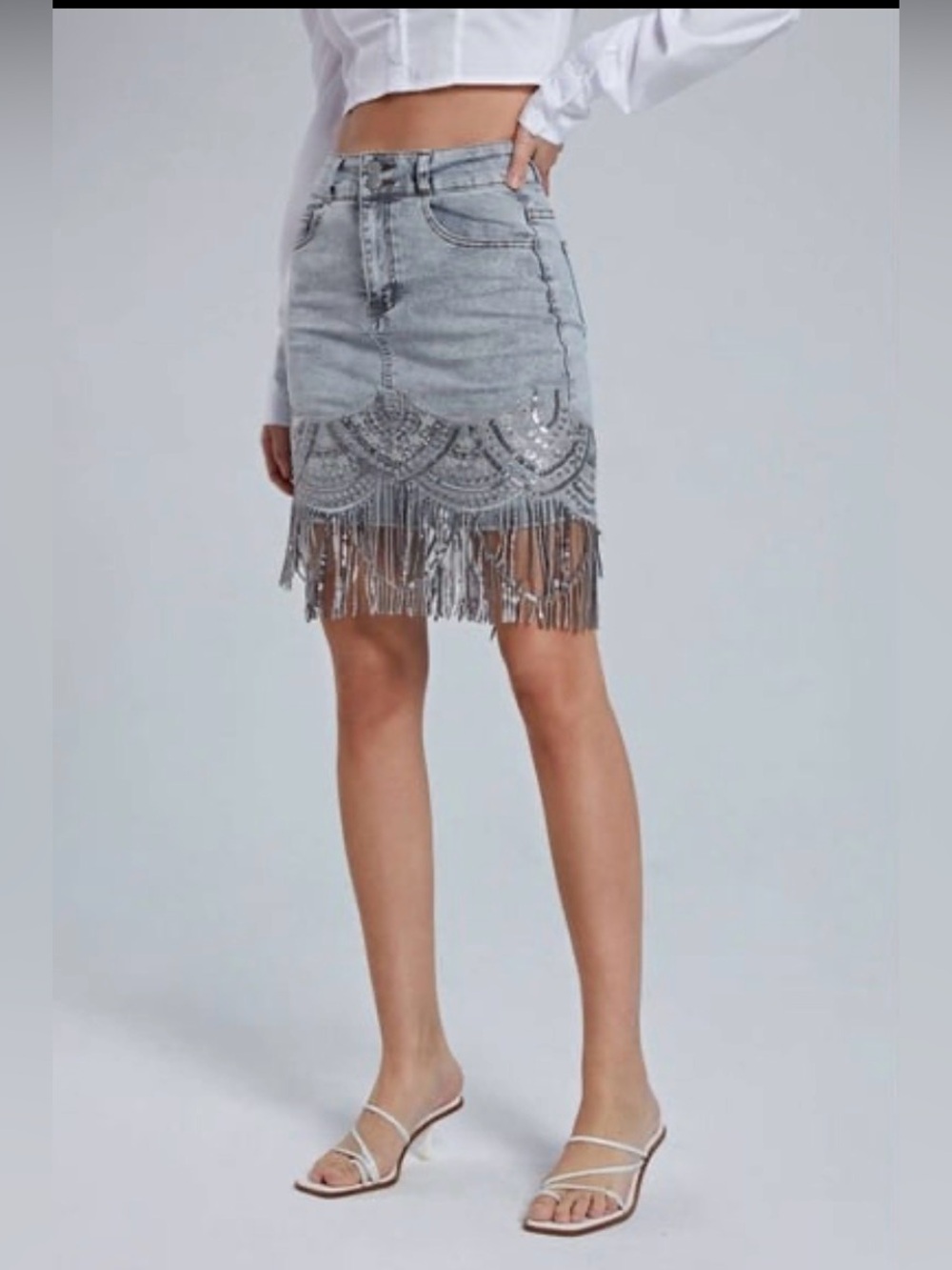 Beaded Fringe Light Blue Denim Jean Mini Skirt - Picture 2 of 4